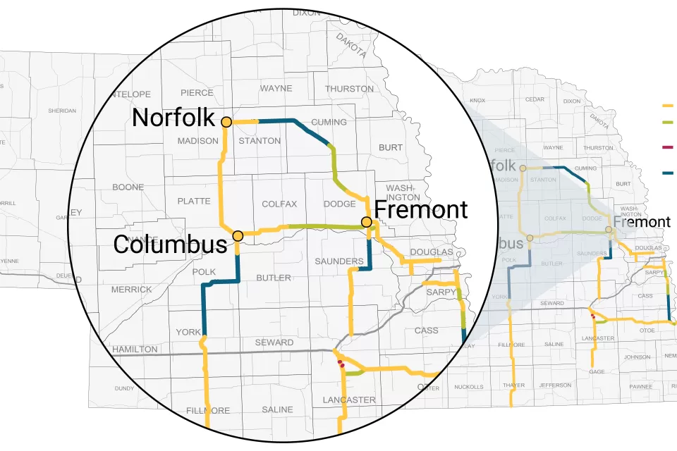 A map showing planned and under-construction segments of roads in Nebraska.